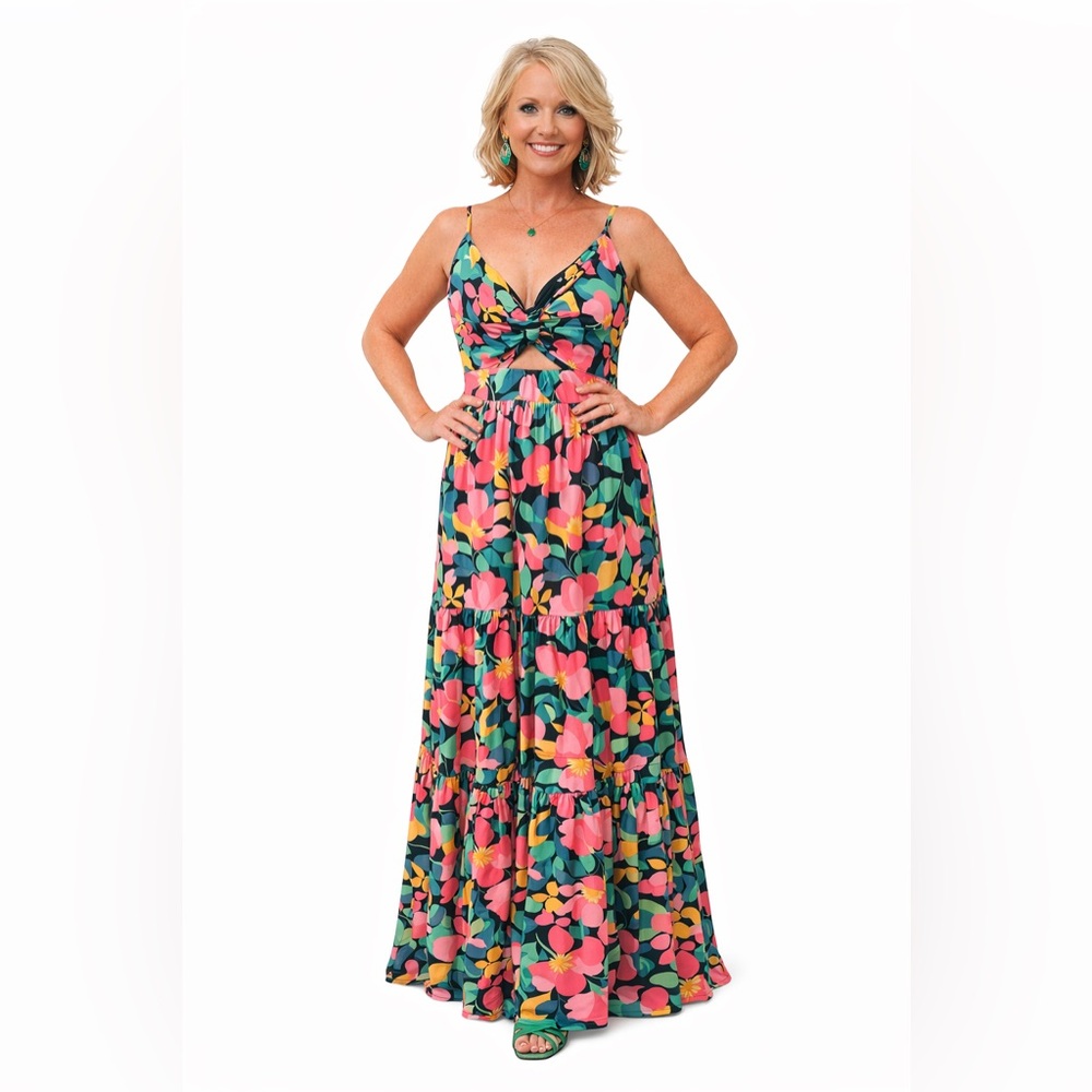 Entro Tropical Floral Twist Front Cutout Maxi Dress in Pink & Green Size Large